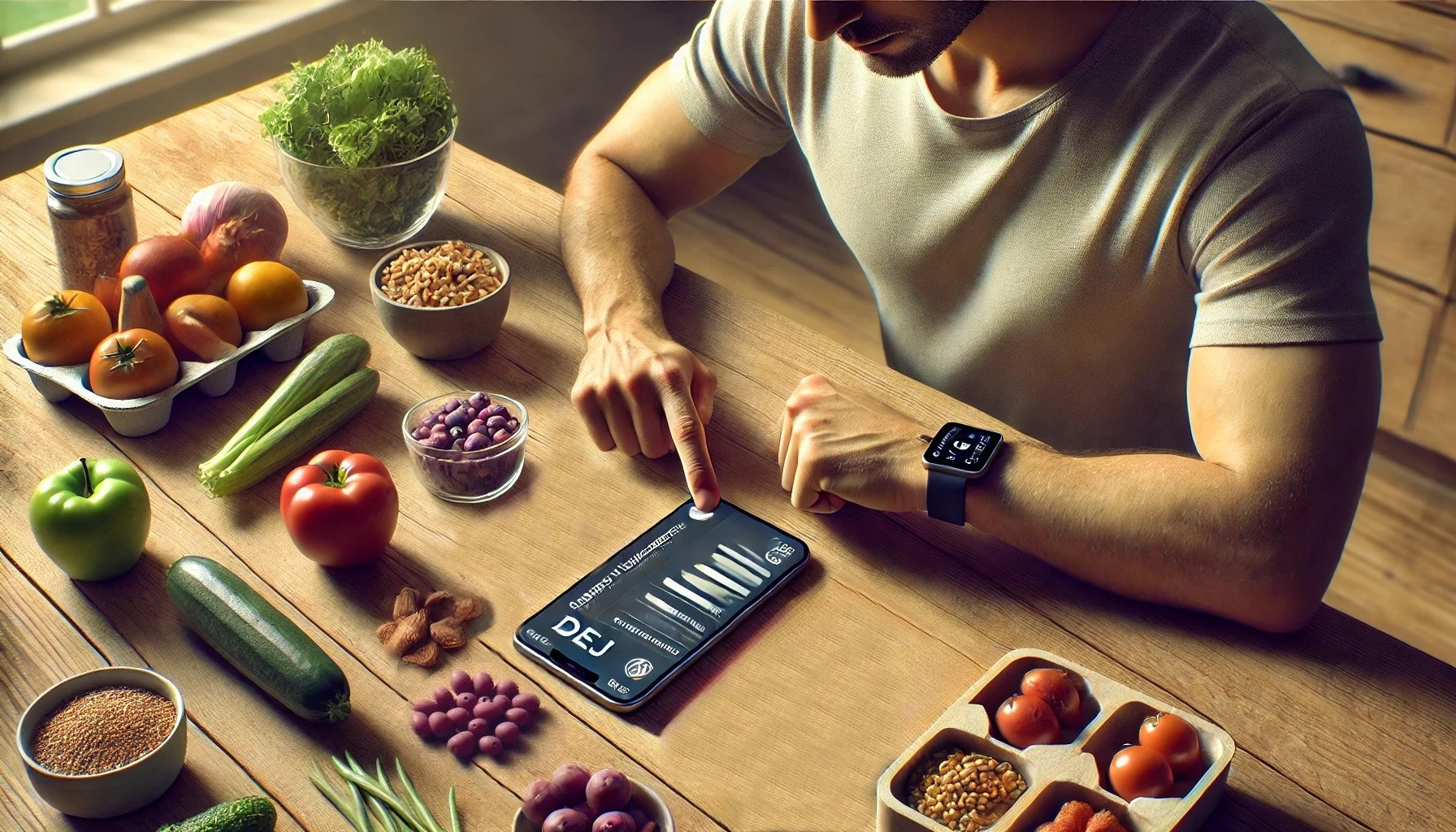 une personne comptant ses calories grâce à une application afin de calculer sa DEJ