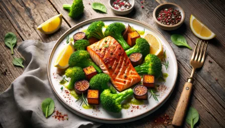 Saumon rôti, patates douces et légumes.