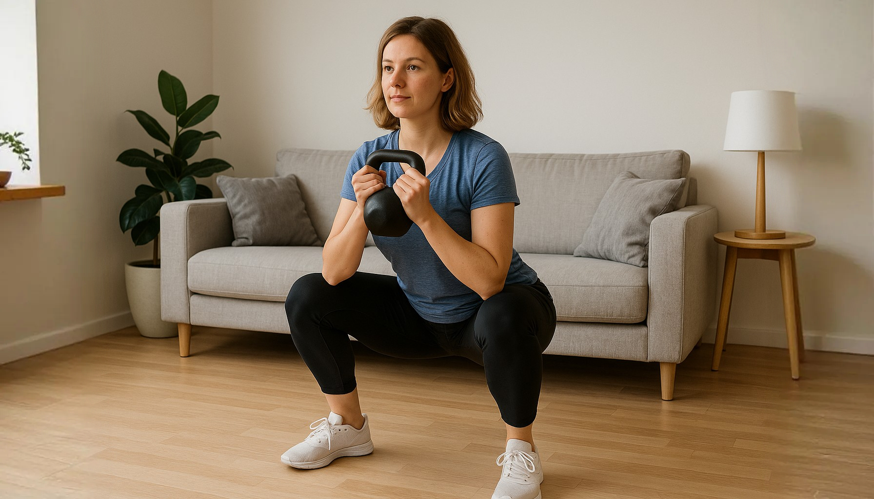 femme qui réalise un gobelet squat dans son salon avec un kettlebell
